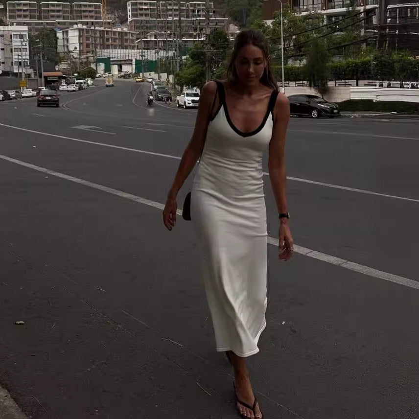 Color Block Sexy Split Knit Spaghetti Dress