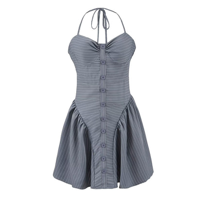 Simple Striped Halter Tie Back Mini Dresses