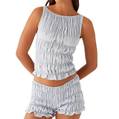 Casual Sleeveless Ruched Crop Top Shorts Set