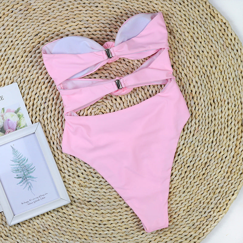 Solid Color Strapless Hollow Out Flower Sexy Swimwear