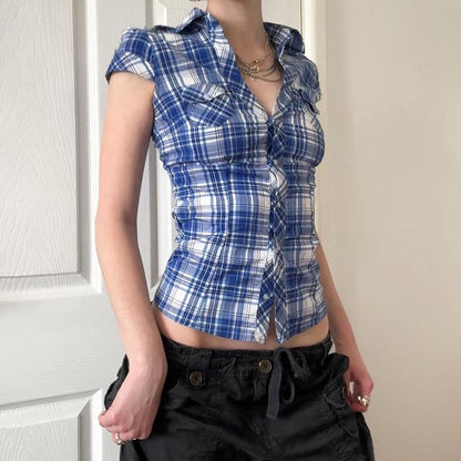 Vintage Plaid V-Neck Short Sleeve Shirt