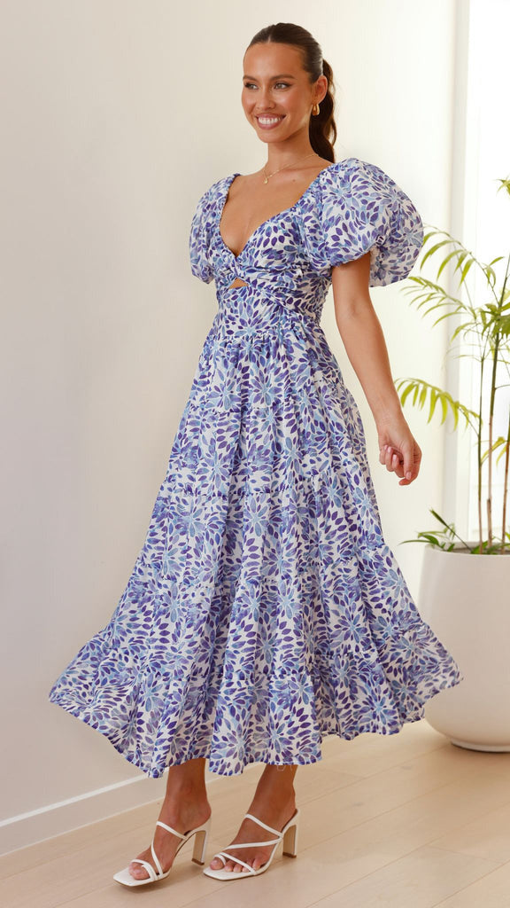 Puffy Sleeves Floral Print Belted Dress