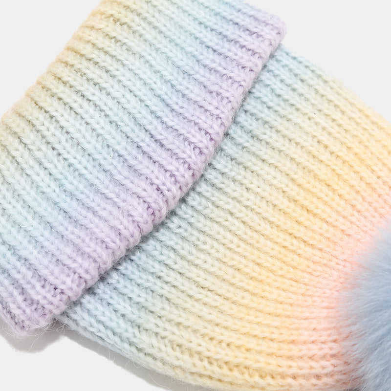 Gradient Contrast Color Cute Knit Pom Beanie