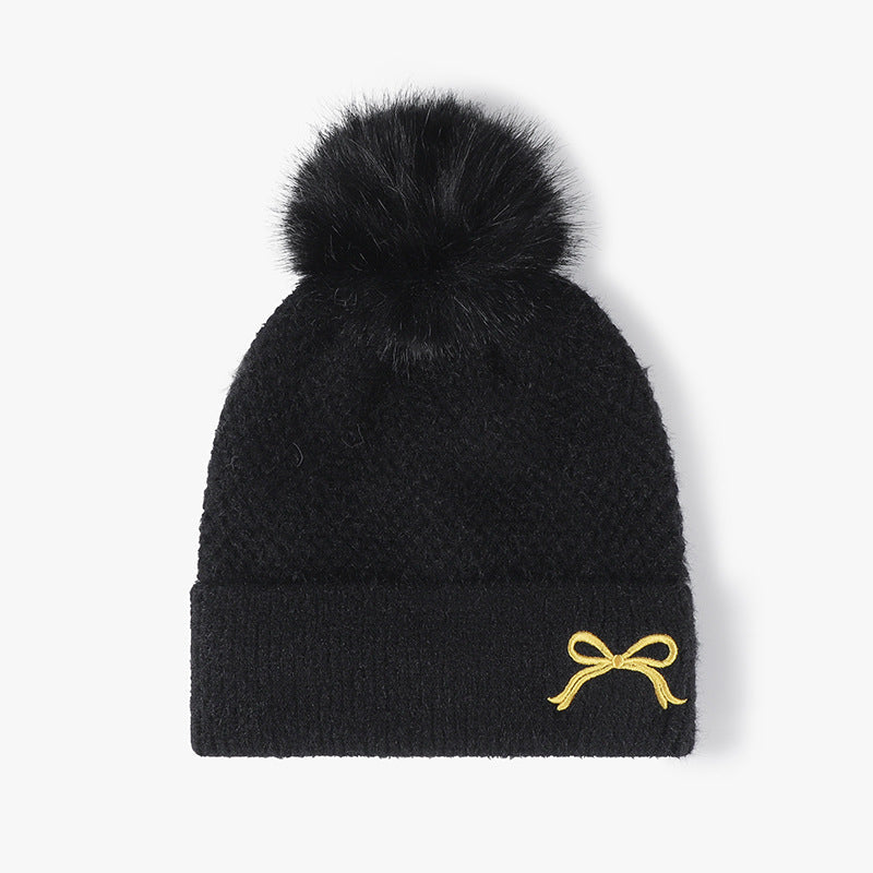Cute Bow Embroidery Pom Pom Thicken Beanie