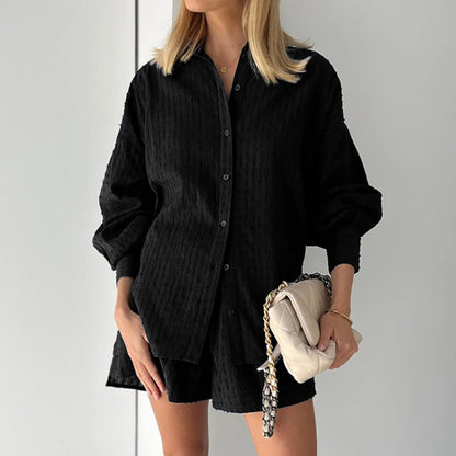 Jacquard Puff Sleeve Shirt Short Set