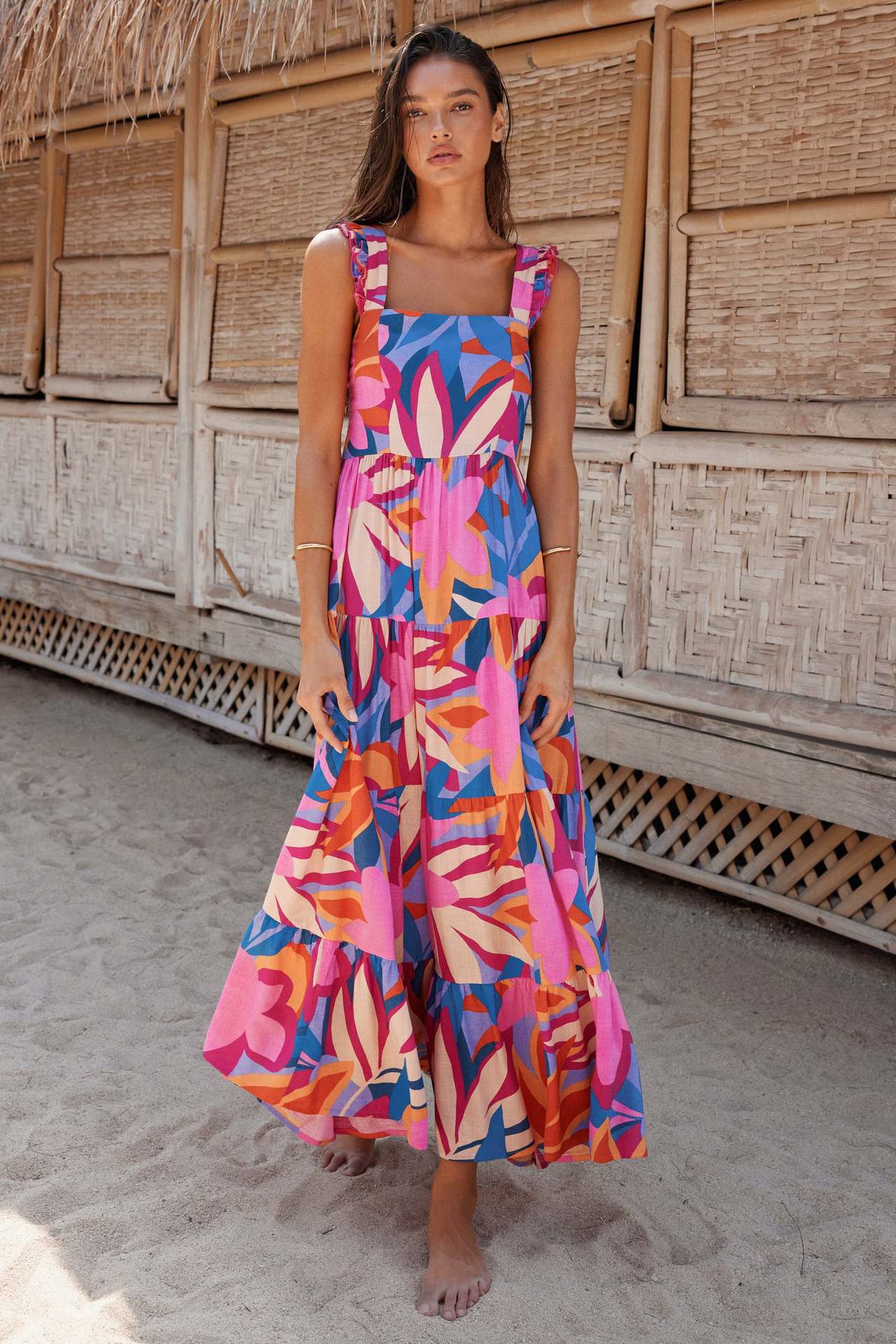 Print Square Collar Backless Long Dress