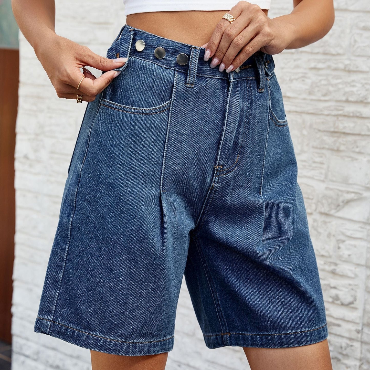Casual Washed High Waist Bermuda Shorts