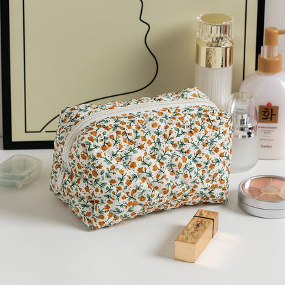 Floral Print Square Quilted Makeup Bag