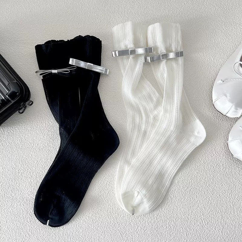 Sweet Leather Bow Mesh Thin Socks