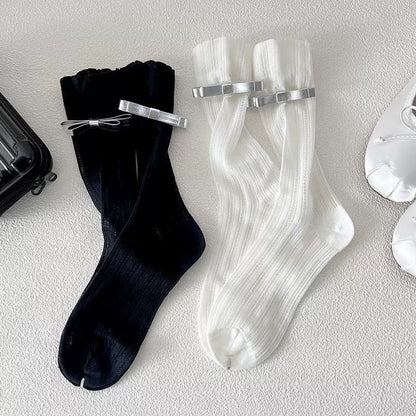 Sweet Leather Bow Mesh Thin Socks