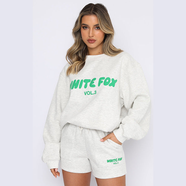 Letter Print Loose Sweatshirt Short Casual Set