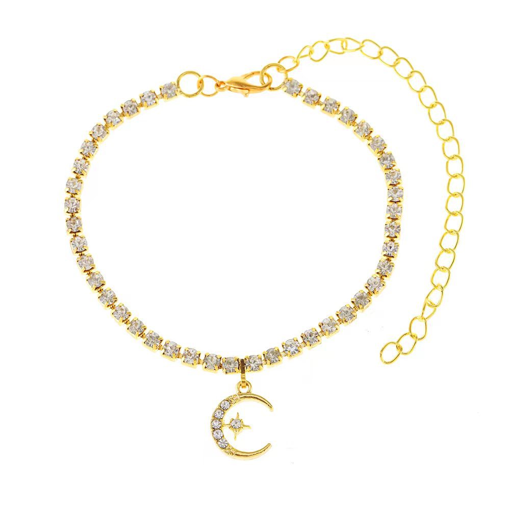 Rhinestone Moon Pendant Shiny Anklets