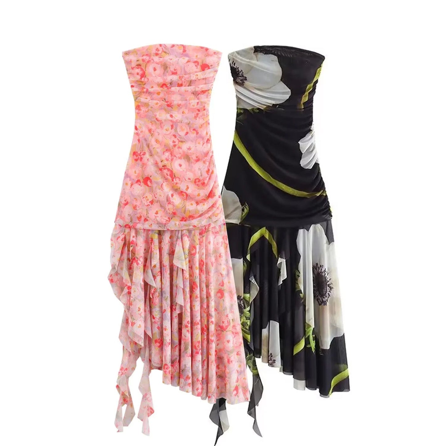 Trendy Strapless Printed Asymmetrical Midi Dress