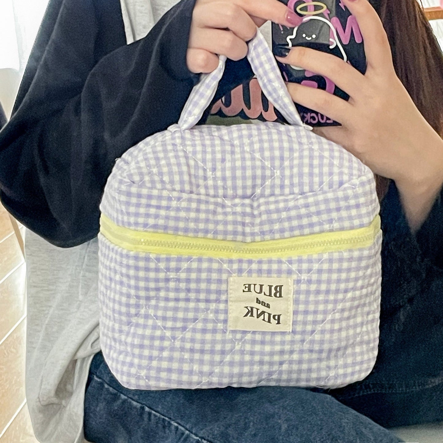 Plaid Simple Color Block Make Up Bag