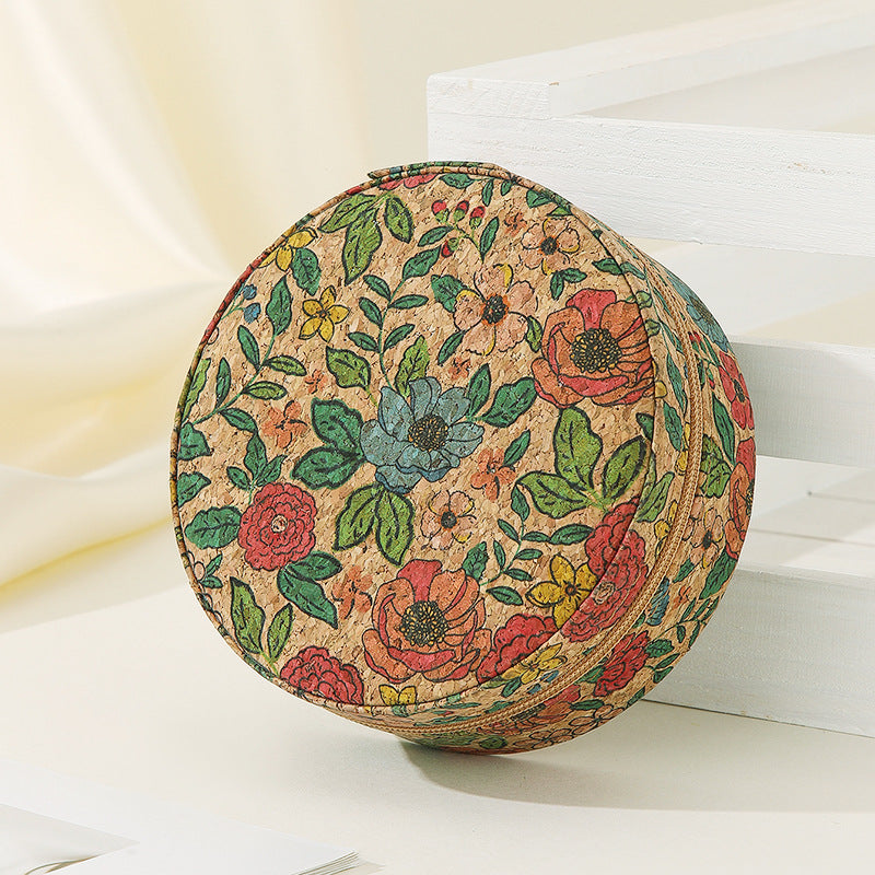 Vintage Flower Print Round Wooden Jewelry Case