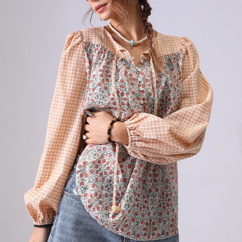 Floral Print Plaid String Pullover Shirt