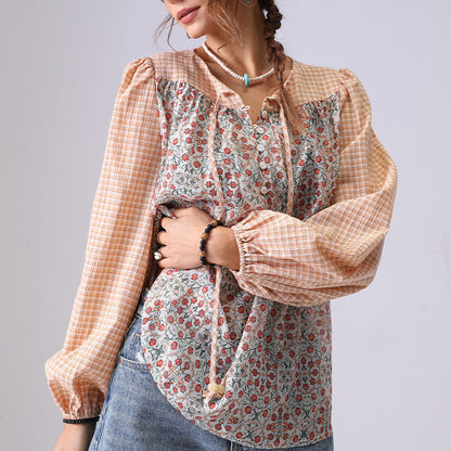 Floral Print Plaid String Pullover Shirt