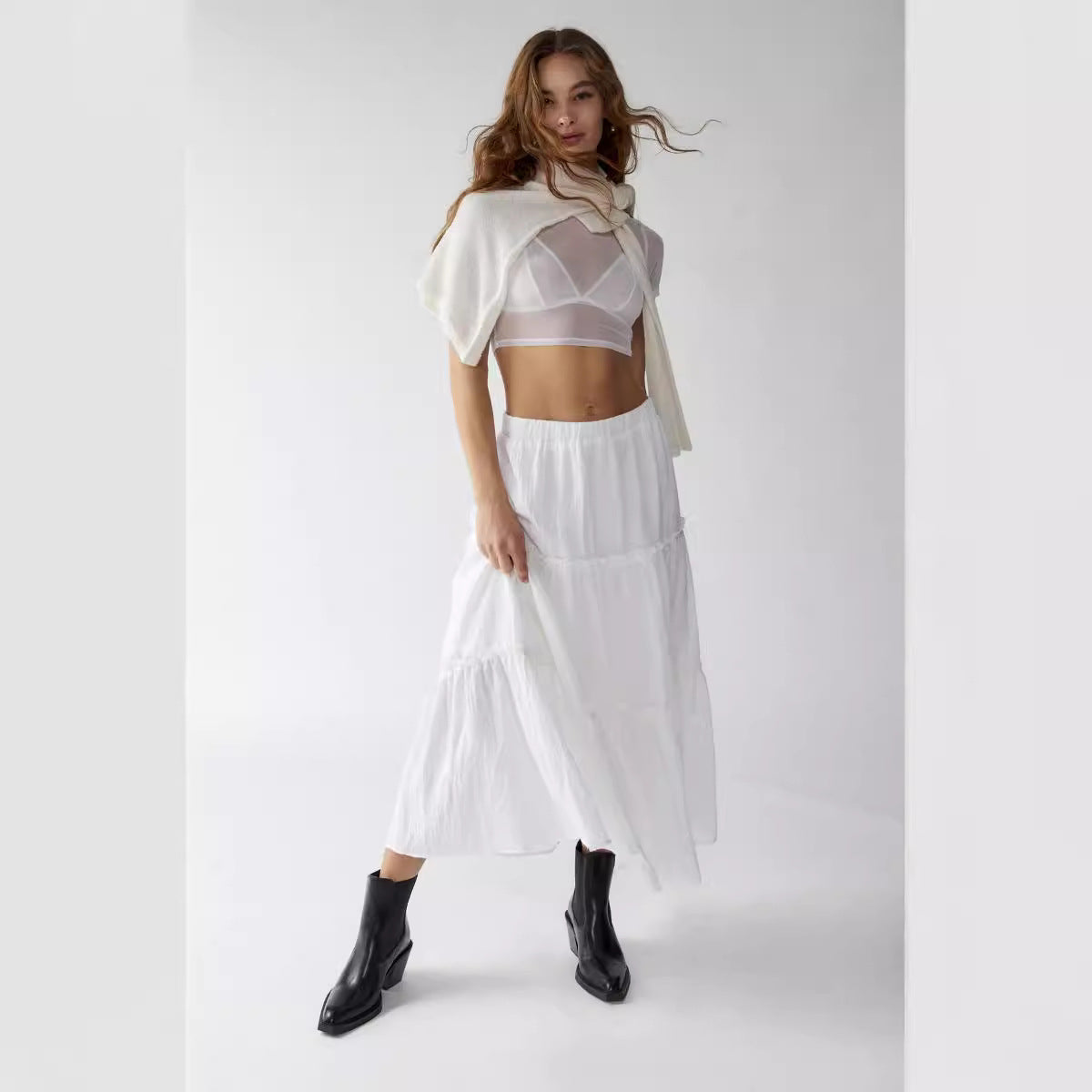 Chic Splice Pleated Lace Maxi Skirt