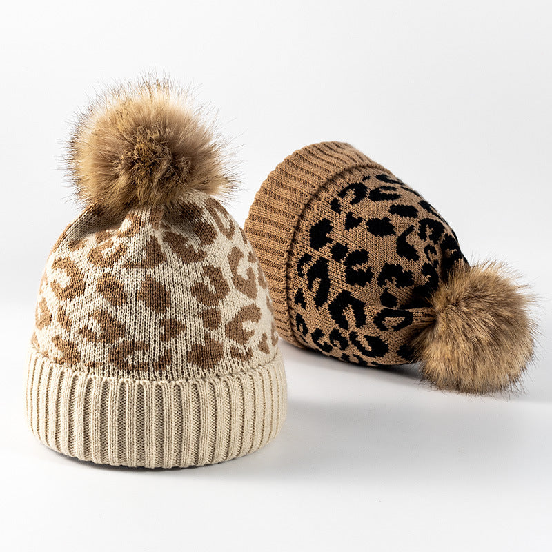 Leopard Print Warm Knit Pom Beanie