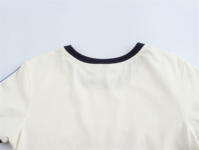 Round Neck Short Sleeve Striped Printed Top