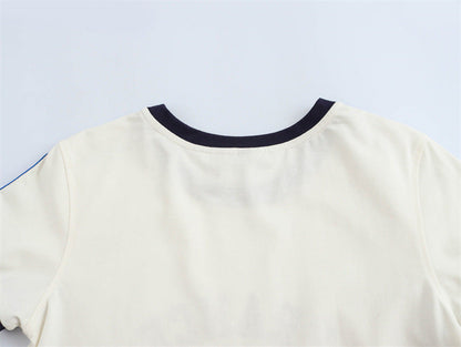 Round Neck Short Sleeve Striped Printed Top