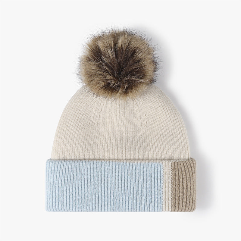 Splicing Color Block Padded Knit Pom Beanie