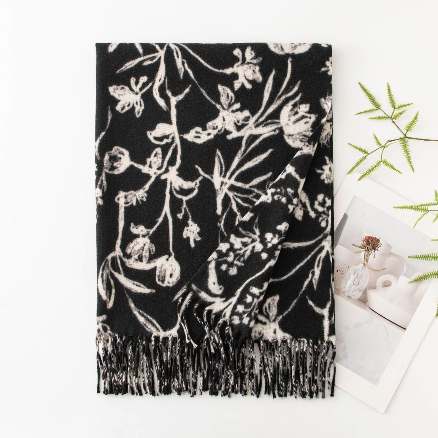 Floral Print Soft Fringed Thick Scarf