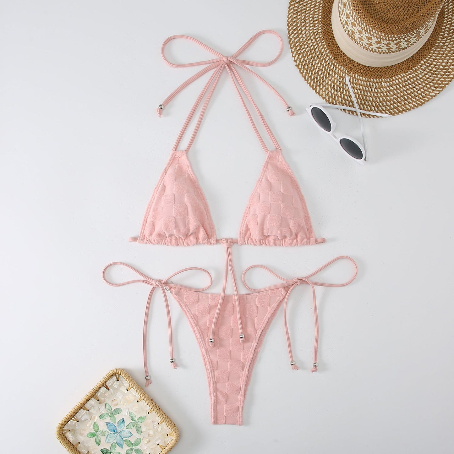 2PCS Solid Color String Tie Bikini Swimwear