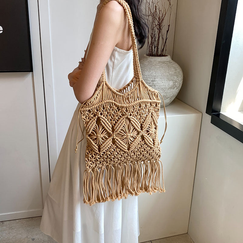 Tassel Hollow Out Woven Shoulder Bag
