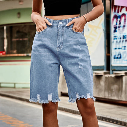 Ripped Raw Hem Denim Bermuda Shorts