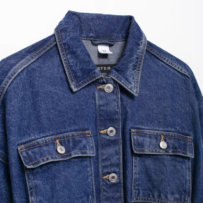 Lapel Collar Tie Waist Casual Denim Jacket