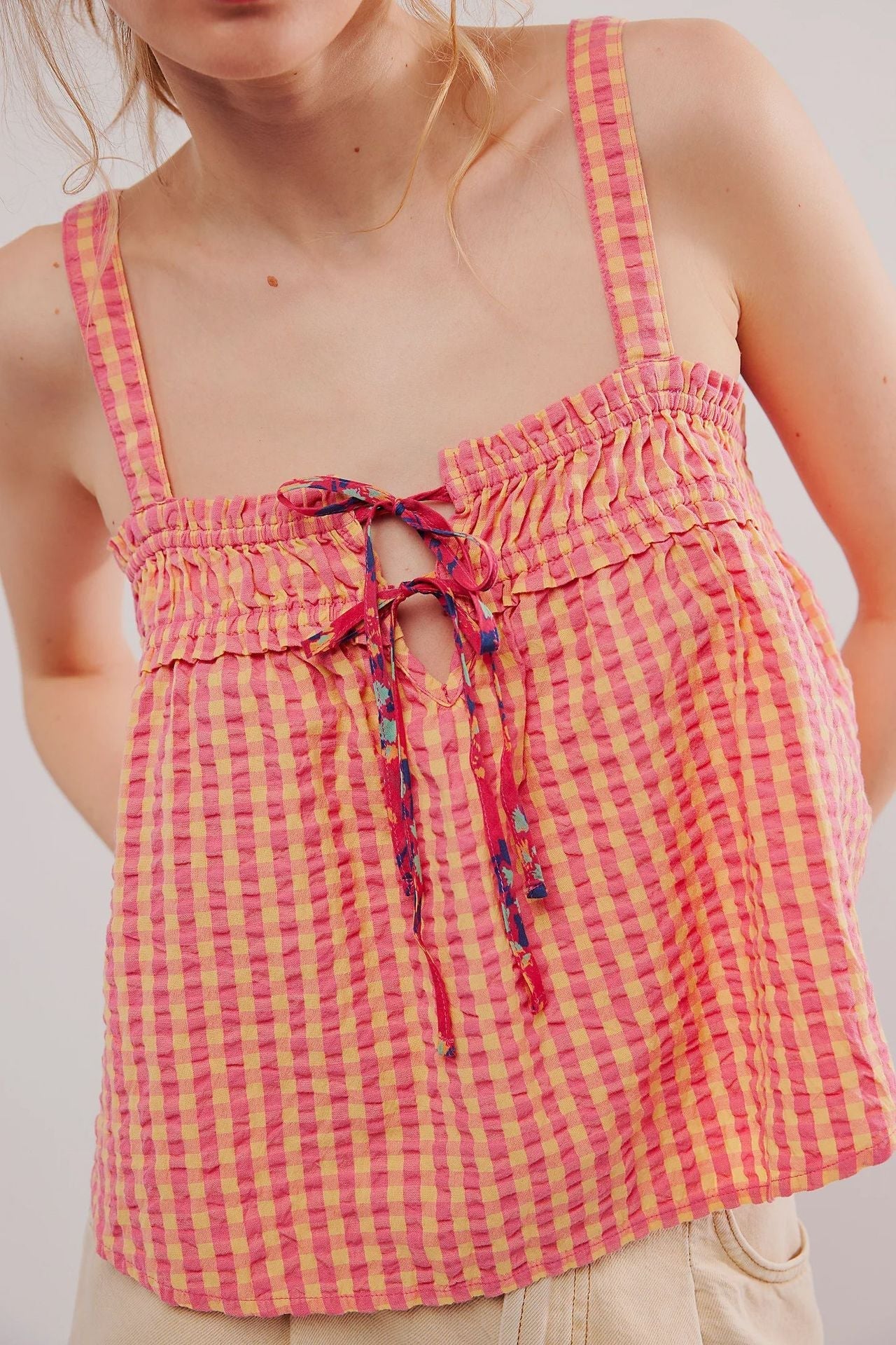 Ruffle Sleeveless String Plaid Tank Tops