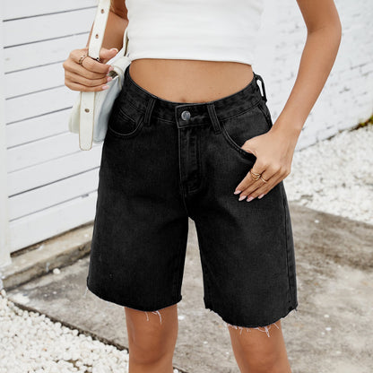 Washed Raw Hem Demin Bermuda Shorts