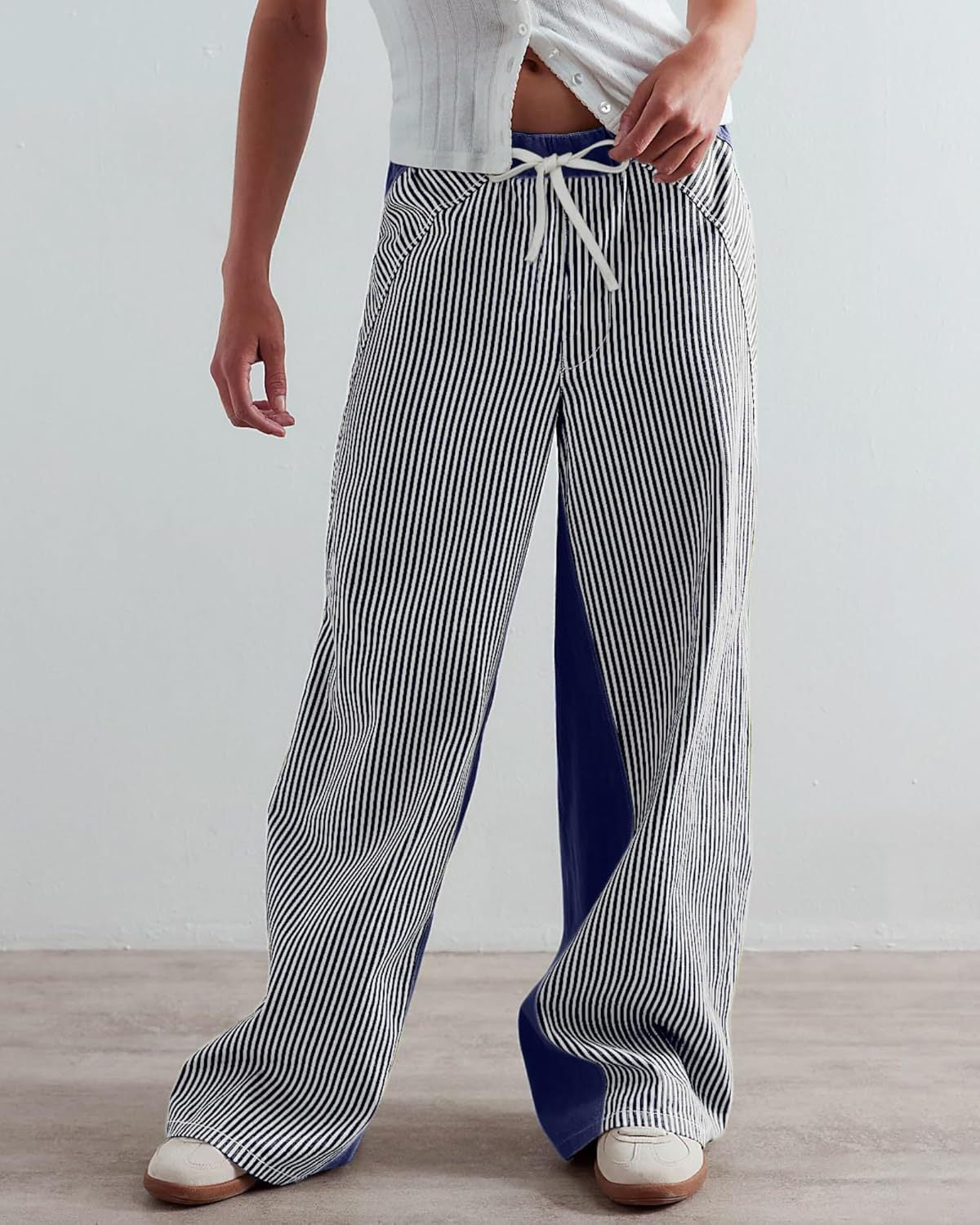 Simple Striped Color Block Wide Leg Pants