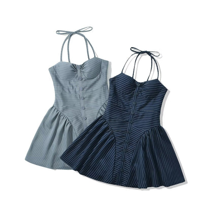 Simple Striped Halter Tie Back Mini Dresses