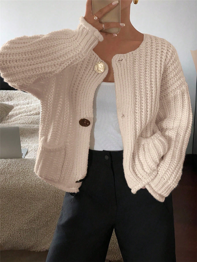 Round Neck Loose Long Sleeve Knit Cardigan