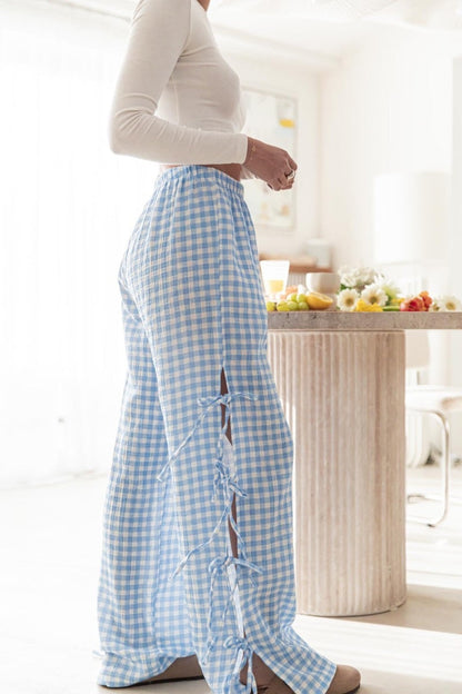 Bow Side Split Plaid Casual Pants