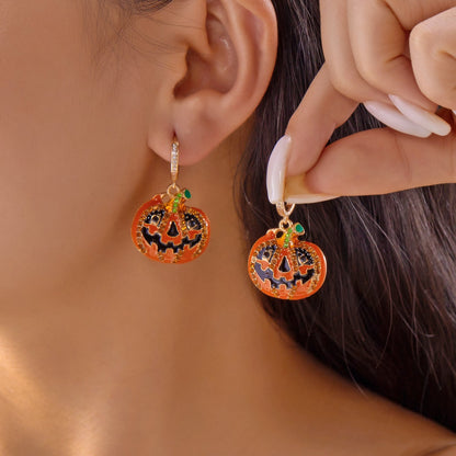 Halloween Enamel Pumpkin Rhinestone Hoop Earrings