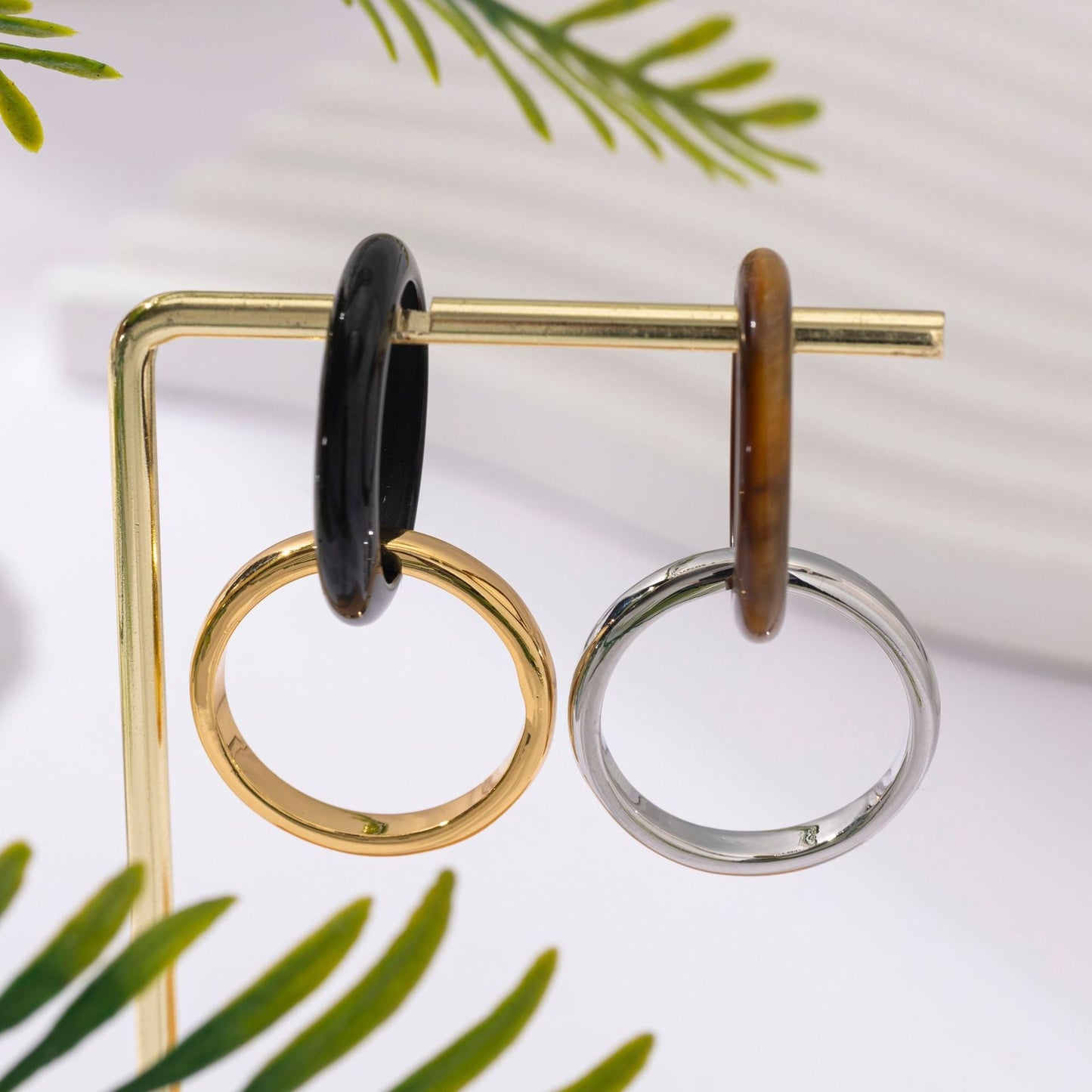 Layered Natural Stone Metal Rings