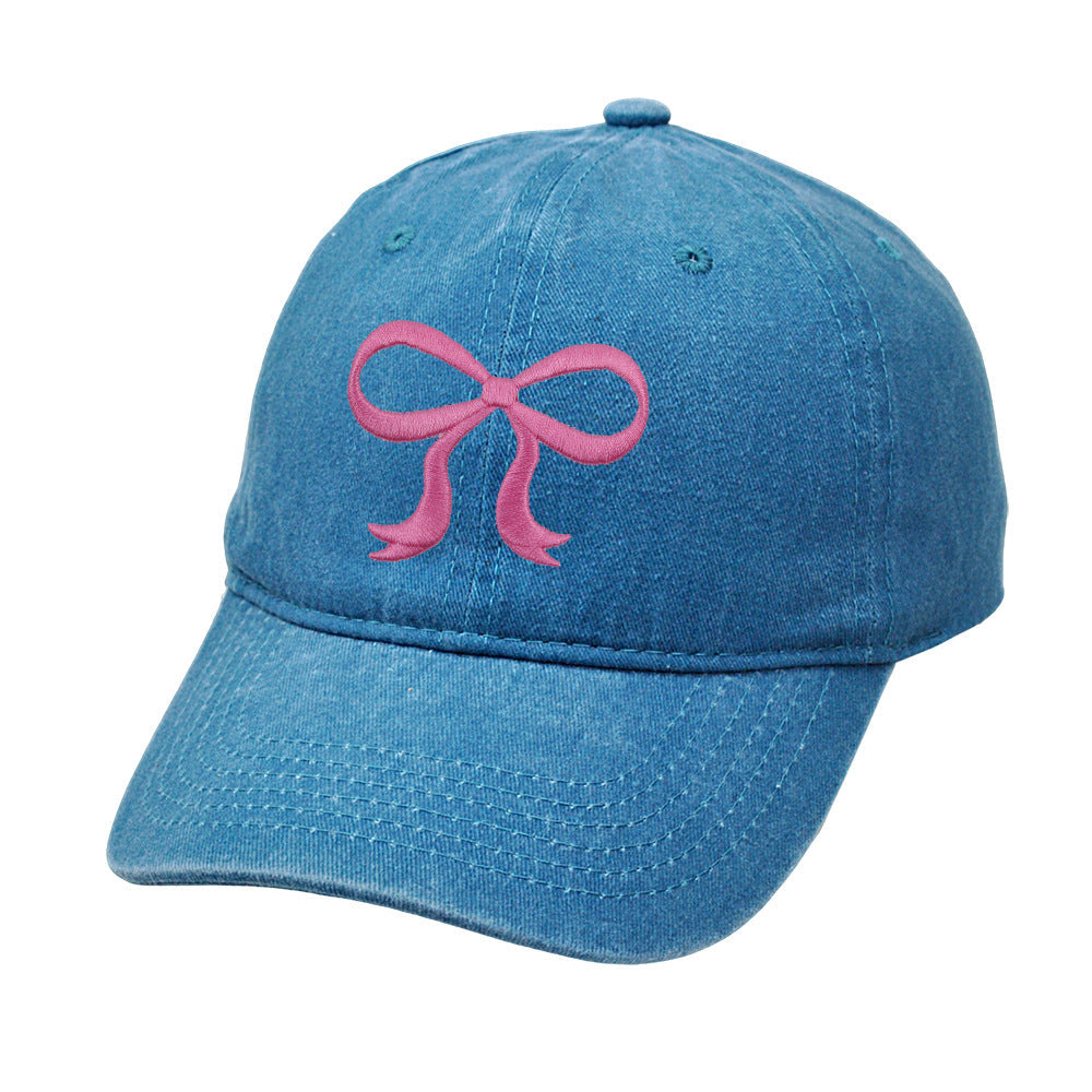 Washed Solid Color Bow Embroider Baseball Caps