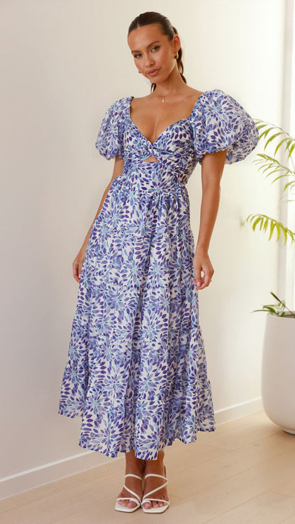 Puffy Sleeves Floral Print Belted Dress