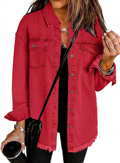 Trendy Washed Long Sleeve Frayed Hem Jacket