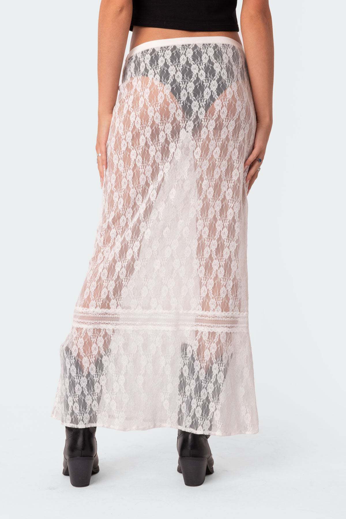 Trendy Sheer Lace Hollow-Out Maxi Skirt