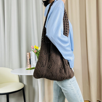 Solid Color Hollow Out Knit Shoulder Tote Bag