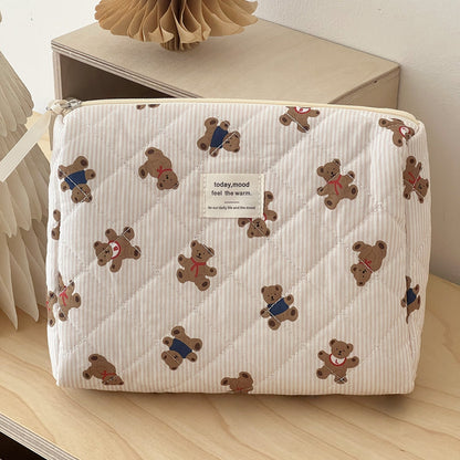 Cute Bear Print Striped Make Up Bag