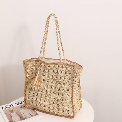 Tassel Color Block Hollow Out Woven Tote Bag