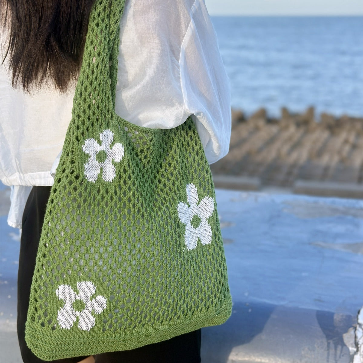 Flower Color Block Hollow Out Woven Handbag