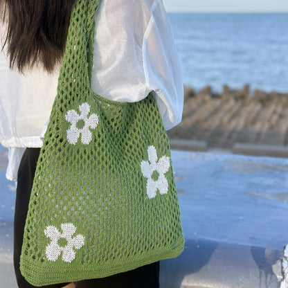 Flower Color Block Hollow Out Woven Handbag