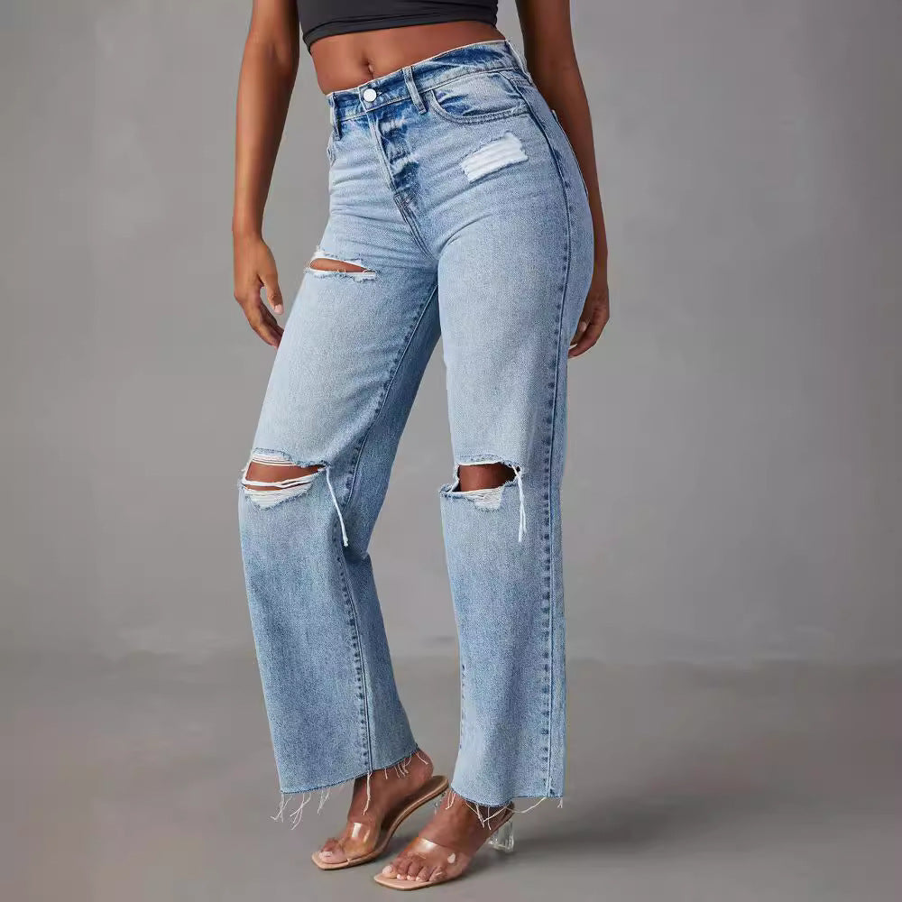 Ripped Denim Pant Straight Leg High Waist Jeans