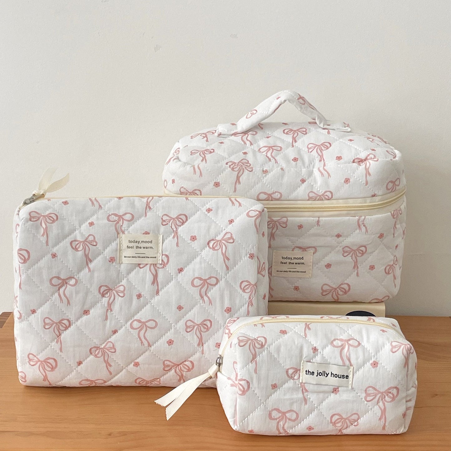 Pink Bow Print Sweet Portable Make Up Bag